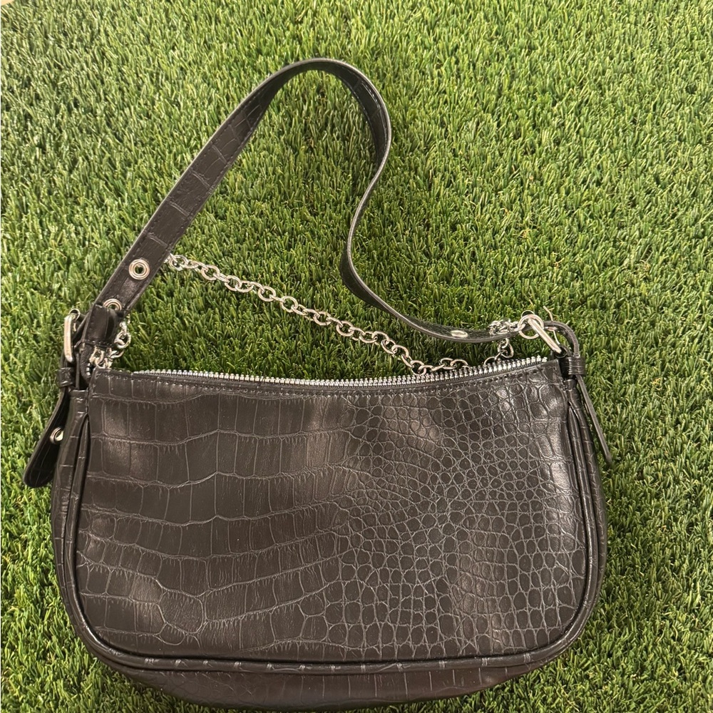 Divided Black Croc-Embossed Shoulder Bag